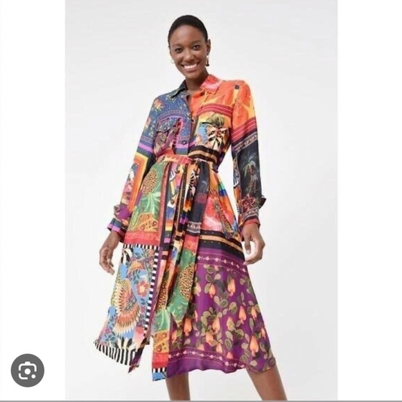 FARM Rio Dresses & Skirts - FARM RIO mixed scarves print shirt dress midi tropical button up Medium